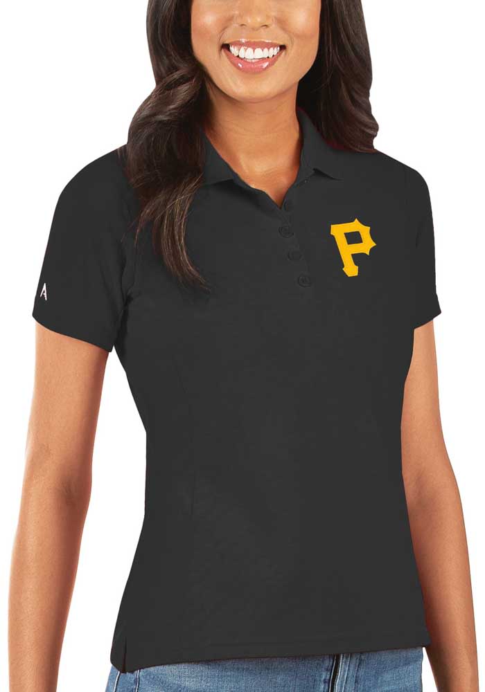 Antigua Pittsburgh Pirates Women's Black Motivated Short Sleeve Polo Shirt, Black, 90 % Polyester / 10% SPANDEX, Size M, Rally House