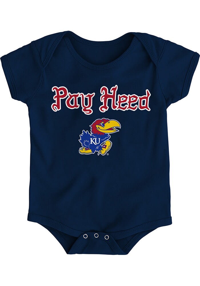 KU Jayhawks Kansas Jayhawks Navy Blue Baby Pay Heed One Piece