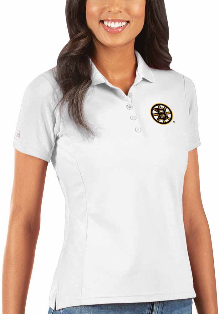 Antigua Boston Bruins Womens White Legacy Pique Short Sleeve Polo Shirt