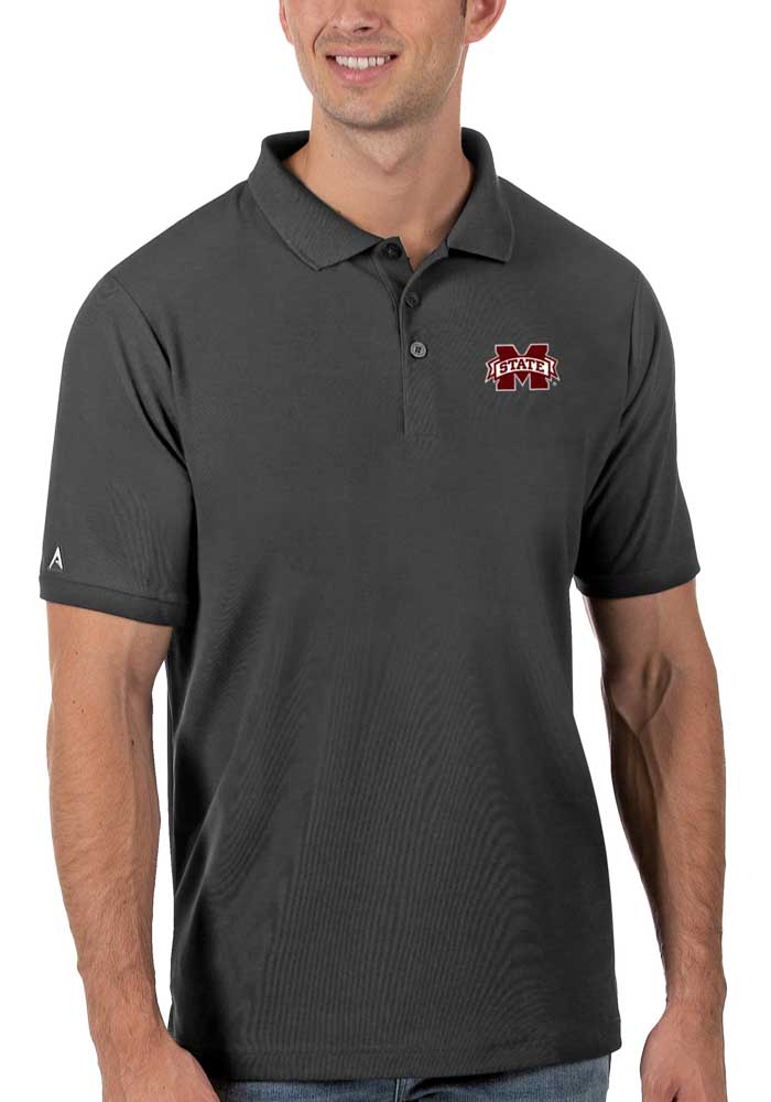 Antigua Mississippi State Bulldogs Mens Grey Legacy Pique Short Sleeve Polo