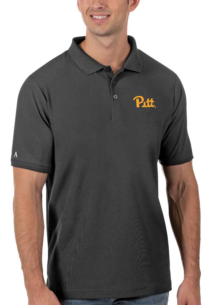 Antigua Pitt Panthers Mens Grey Legacy Pique Short Sleeve Polo