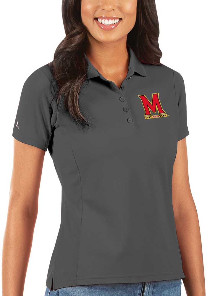 Antigua Maryland Terrapins Womens Grey Legacy Pique Short Sleeve Polo Shirt