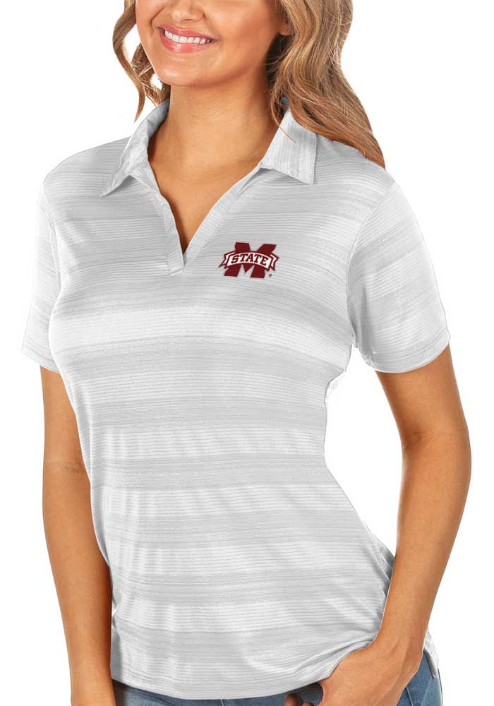 Antigua Mississippi State Bulldogs Womens White Compass Short Sleeve Polo Shirt