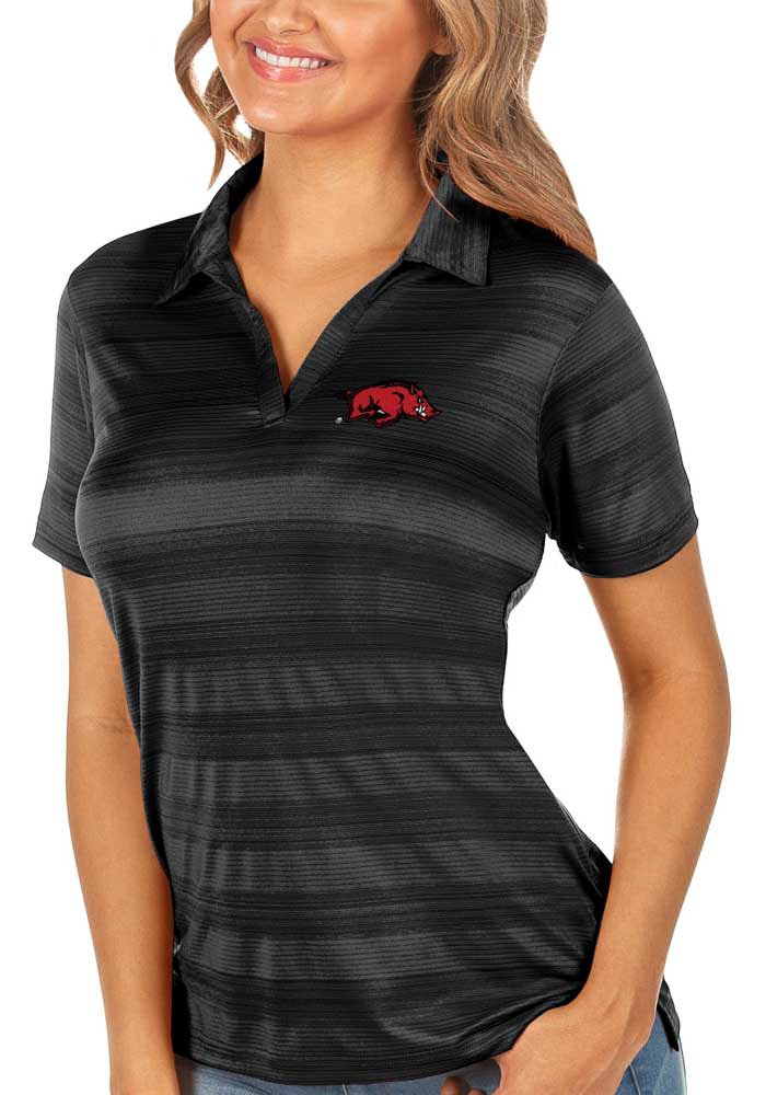 Antigua Arkansas Razorbacks Womens Black Compass Short Sleeve Polo Shirt