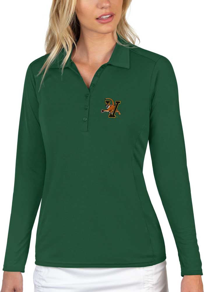 Antigua Vermont Catamounts Womens Green Tribute Long Sleeve Polo Shirt