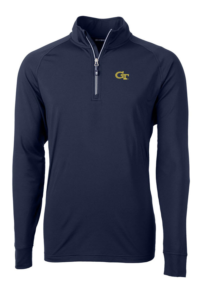 Cutter and Buck GA Tech Yellow Jackets Mens Navy Blue Adapt Eco Knit Recycled Big and Tall 1/4 Zip Pullover