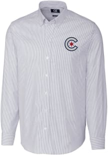 Cutter and Buck Chicago Cubs Mens Light Blue City Connect Stretch Oxford Big and Tall Dress Shir..
