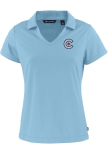 Cutter and Buck Chicago Cubs Womens Light Blue City Connect Daybreak V Neck Short Sleeve Polo Sh..