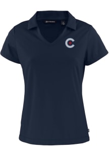 Cutter and Buck Chicago Cubs Womens Navy Blue City Connect Daybreak V Neck Short Sleeve Polo Shi..