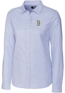 Cutter and Buck Boston Red Sox Womens City Connect Stretch Oxford Stripe Long Sleeve Light Blue ..