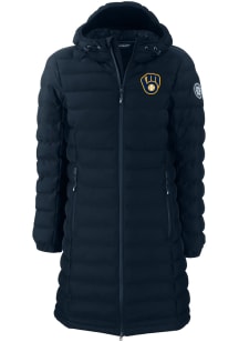 Cutter and Buck Milwaukee Brewers Womens Navy Blue Mission Ridge Repreve Long Heavy Weight Jacke..