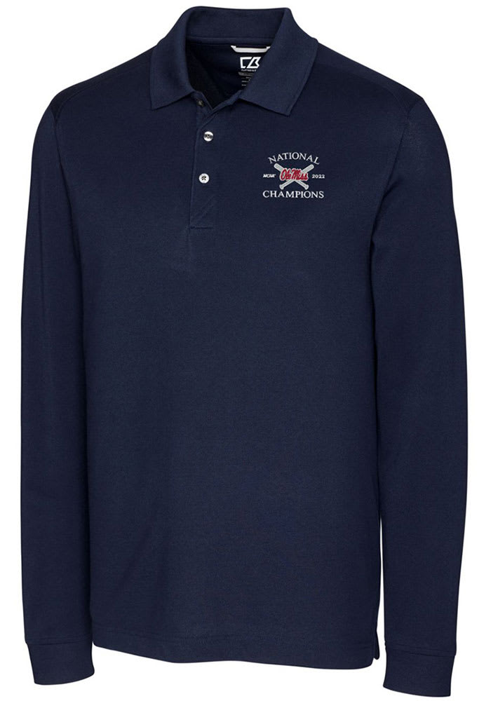 Cutter and Buck Ole Miss Rebels Mens Navy Blue 2022 College World Series Champions Advantage Pique Long Sleeve Polo Shirt