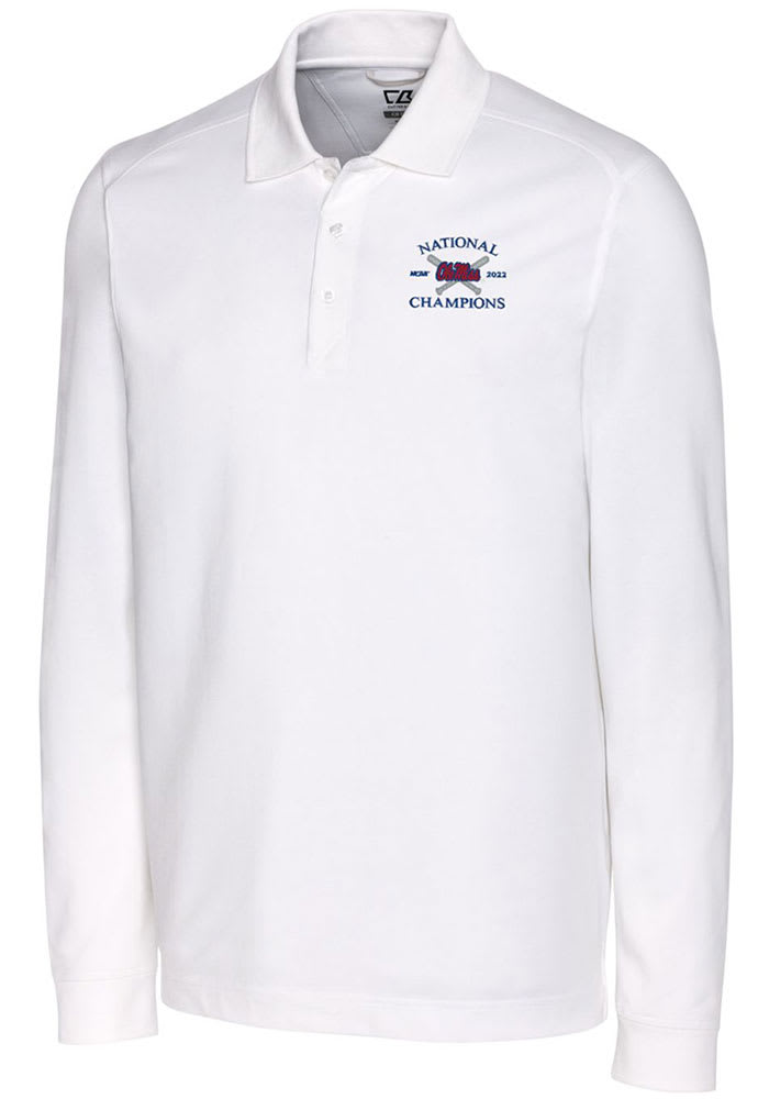 Cutter and Buck Ole Miss Rebels Mens White 2022 College World Series Champions Advantage Pique Long Sleeve Polo Shirt