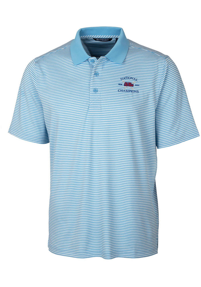 Cutter and Buck Ole Miss Rebels Mens Blue 2022 College World Series Champions Forge Tonal Stripe Short Sleeve Polo