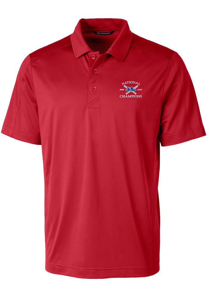 Cutter and Buck Ole Miss Rebels Mens Red 2022 College World Series Champions Prospect Textured Short Sleeve Polo