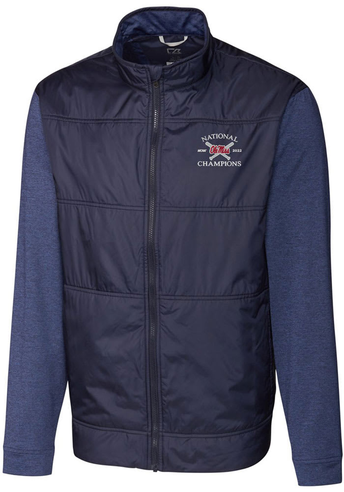 Cutter and Buck Ole Miss Rebels Mens Navy Blue 2022 College World Series Champions Stealth Hybrid Quilted Long Sleeve Full Zip Jacket