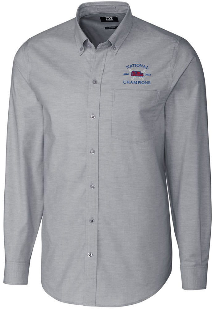 Cutter and Buck Ole Miss Rebels Mens Charcoal 2022 College World Series Champions Stretch Oxford Long Sleeve Dress Shirt