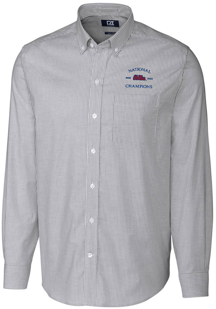 Cutter and Buck Ole Miss Rebels Mens Charcoal 2022 College World Series Champions Stretch Oxford Stripe Long Sleeve Dress Shirt