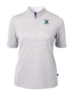 Cutter and Buck Carolina Panthers Womens Grey Historic Virtue Eco Pique Stripe Short Sleeve Polo..