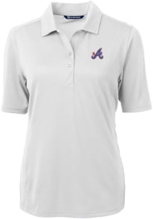 Cutter and Buck Atlanta Braves Womens White City Connect Virtue Eco Pique Short Sleeve Polo Shir..