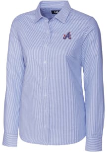 Cutter and Buck Atlanta Braves Womens City Connect Stretch Oxford Long Sleeve Blue Dress Shirt