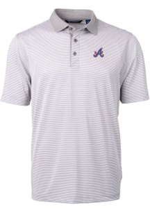 Cutter and Buck Atlanta Braves Mens Grey City Connect Virtue Eco Pique Micro Stripe Short Sleeve..