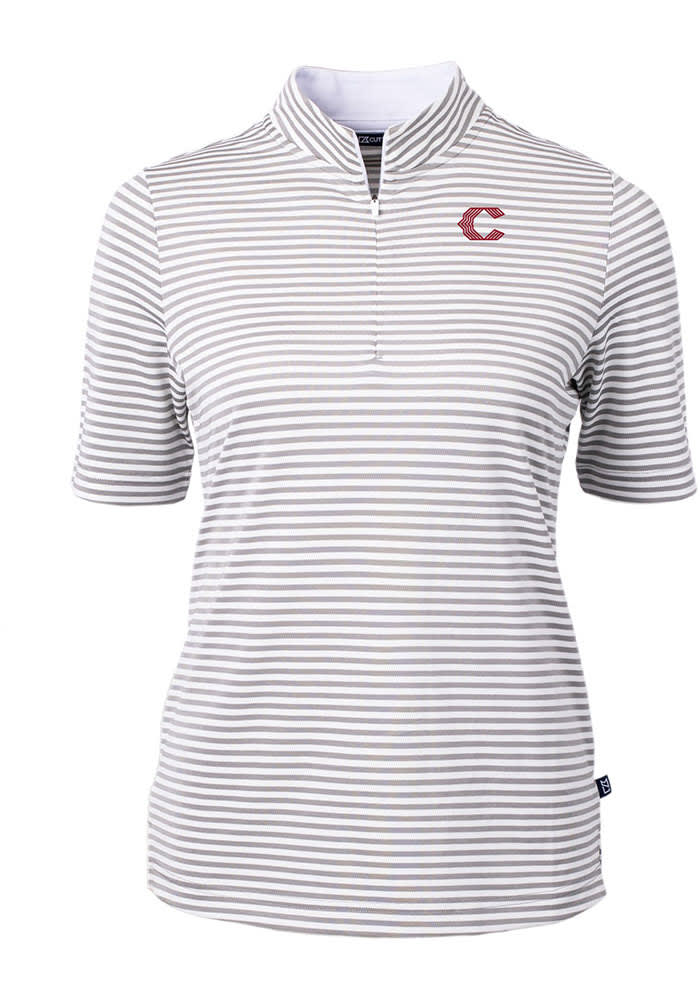 Cutter and Buck Cincinnati Reds Womens Grey City Connect Virtue Eco Pique Stripe Short Sleeve Po..