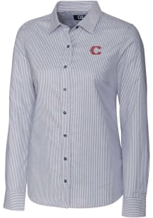 Cutter and Buck Cincinnati Reds Womens City Connect Stretch Oxford Stripe Long Sleeve Charcoal D..