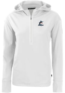 Cutter and Buck Miami Marlins Womens White Daybreak Hood 1/4 Zip Pullover