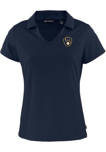Cutter and Buck Milwaukee Brewers Womens Navy Blue Daybreak V Neck Short Sleeve Polo Shirt