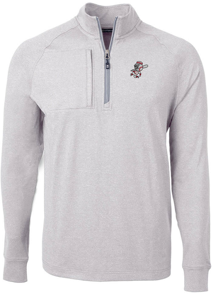 Cutter and Buck Cincinnati Reds Mens Grey Cooperstown Adapt Eco Knit Big Tall 1/4 Zip Pullov..