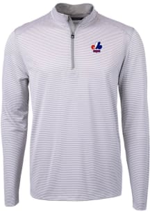 Cutter and Buck Montreal Expos Mens Grey Cooperstown Virtue Eco Pique Stripe Big and Tall Qtr Zi..