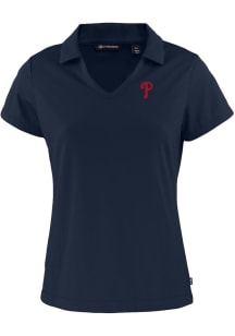 Cutter and Buck Philadelphia Phillies Womens Navy Blue Daybreak V Neck Short Sleeve Polo Shirt