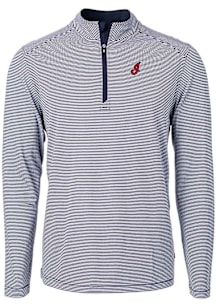 Cutter and Buck Cleveland Guardians Mens Navy Blue Cooperstown Virtue Eco Pique Micro Stripe Long..