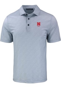 Mens Nebraska Cornhuskers Grey Cutter and Buck Alumni Pike Pebble Short Sleeve Polo Shirt