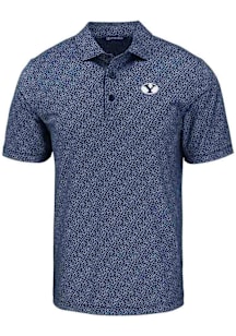 Cutter and Buck BYU Cougars Mens Navy Blue Pike Pebble Short Sleeve Polo