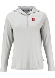 Womens Indiana Hoosiers Grey Cutter and Buck Block Logo Coastline Eco Hooded Sweatshirt