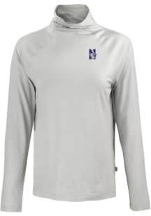 Womens Northwestern Wildcats Grey Cutter and Buck Coastline Eco Funnel Neck Crew Sweatshirt