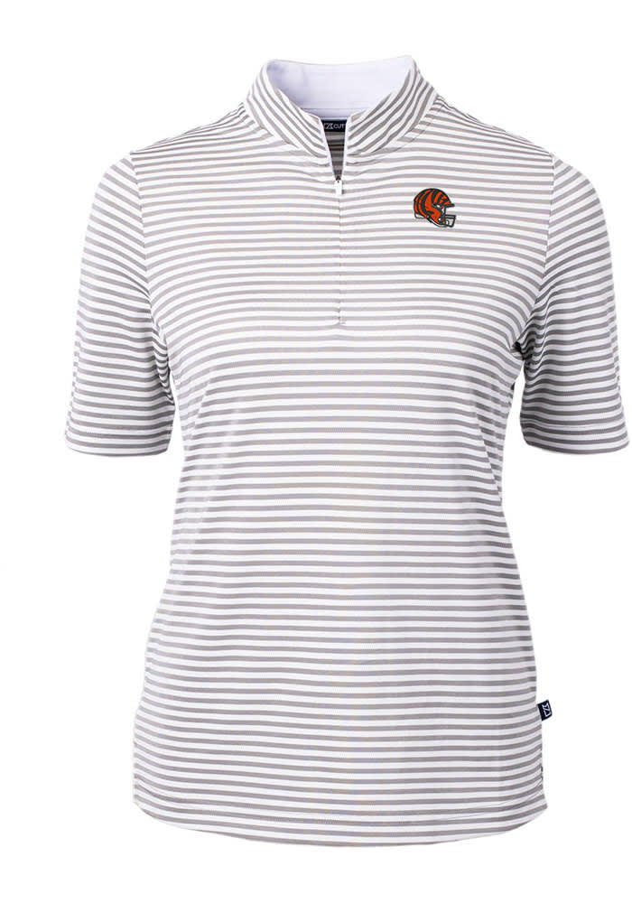 Cutter and Buck Cincinnati Bengals Womens Grey Helmet Virtue Eco Pique Stripe Short Sleeve Polo ..