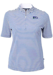 Cutter and Buck Seattle Seahawks Womens Blue Historic Virtue Eco Pique Stripe Short Sleeve Polo Sh..