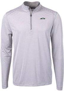 Cutter and Buck New York Jets Mens Grey Virtue Eco Pique Micro Stripe Long Sleeve Qtr Zip Pullover
