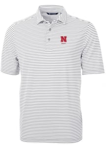 Nebraska Cornhuskers Grey Cutter and Buck Alumni Virtue Eco Pique Stripe Big and Tall Polo