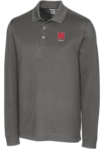 Nebraska Cornhuskers Grey Cutter and Buck Alumni Advantage Pique Long Sleeve Big and Tall Polo