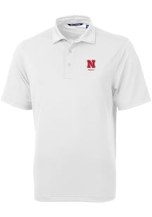 Mens Nebraska Cornhuskers White Cutter and Buck Alumni Virtue Eco Pique Short Sleeve Polo Shirt