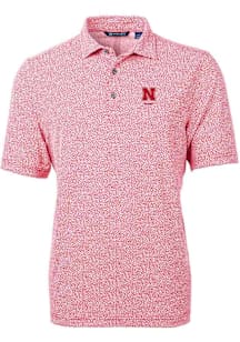 Cutter and Buck Nebraska Cornhuskers Mens Red Alumni Virtue Eco Pique Botanical Short Sleeve Polo