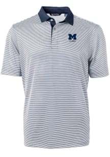 Mens Michigan Wolverines Navy Blue Cutter and Buck Alumni Virtue Eco Pique Micro Stripe Short Sl..