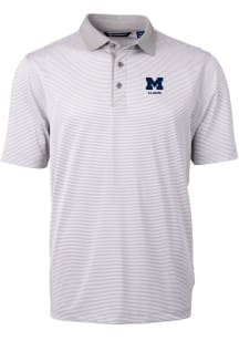 Mens Michigan Wolverines Grey Cutter and Buck Alumni Virtue Eco Pique Micro Stripe Short Sleeve ..