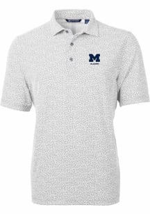 Mens Michigan Wolverines Grey Cutter and Buck Alumni Virtue Eco Pique Botanical Short Sleeve Pol..