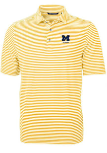 Mens Michigan Wolverines Gold Cutter and Buck Alumni Virtue Eco Pique Stripe Short Sleeve Polo S..