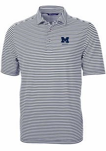 Mens Michigan Wolverines Navy Blue Cutter and Buck Alumni Virtue Eco Pique Stripe Short Sleeve P..